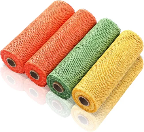 Vista 13 de 4 rollos de malla de arpillera de poliéster y arpillera de poliéster, rollo de malla de cinta decorativa para primavera, verano, Pascua, guirnalda