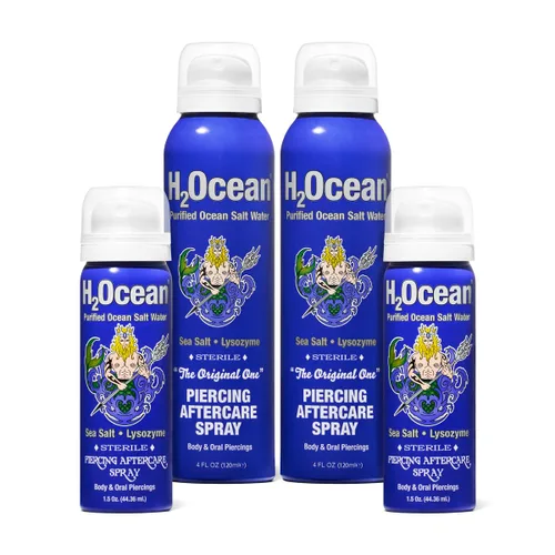 Vista 10 de Aerosol para cuidado de perforaciones corporales H2Ocean, agua salada marina purificada, 1.5 onzas líquidas, Azul