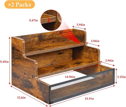 Vista 5 de Paquete de 2 estantes de exhibición de botellas de licor de mostrador de 3 escalones, estantes de bar de madera para 12 botellas con cercas