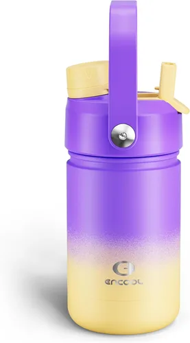 Vista 100 de Botella de agua aislada con popote para niños, botella de agua de acero inoxidable de 12 onzas con boquilla doble, a prueba de fugas, sin BPA, al
