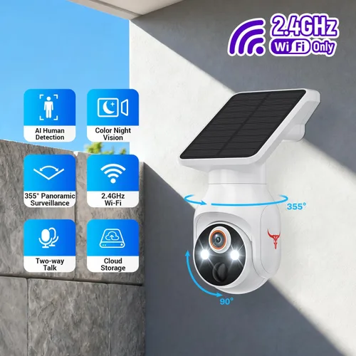 Vista 2 de Guggre Cámara de seguridad inalámbrica 1080P con panel solar, detección inteligente de inteligencia artificial humana, conversación de 2 vías
