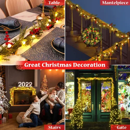 Vista 6 de Quntis Guirnalda de Navidad con 20 luces de globo, paquete de 2 guirnaldas artificiales de bayas rojas de 5.7 pies, decoraciones de Navidad