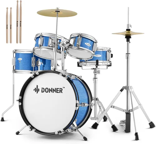 Vista 10 de Kid Drum Sets-Donner 5 piezas para principiantes, kit completo de batería junior de 14 pulgadas con trono ajustable, platillo, Hi-Hat, pedal