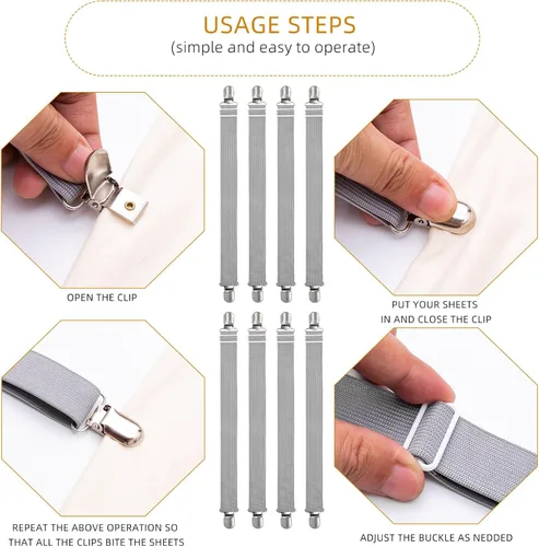 Vista 2 de 8 clips de correas ajustables para sábanas, soporte elástico para sujetar sábana de colchón y tirantes, agarradores para sujetar sábanas, colchones