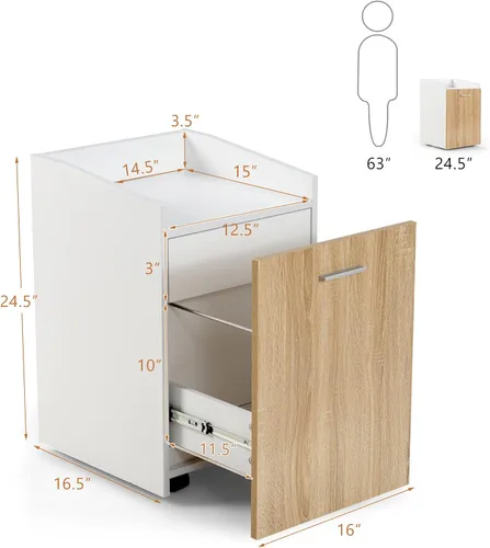 Vista 3 de ORALNER Gabinete de llenado móvil, soporte de madera para impresora con ruedas con 2 cajones y puerta, cajón debajo del escritorio para colgar