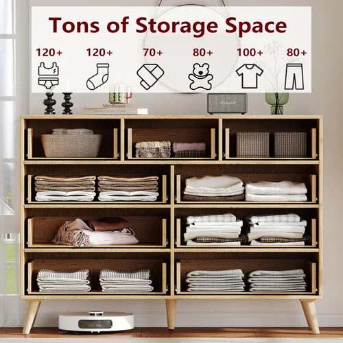 Vista 50 de Rovaurx Cómoda doble de 6 cajones para dormitorio, cómoda de ratán, cómoda de madera moderna con asas doradas, mesa auxiliar para armario, sala
