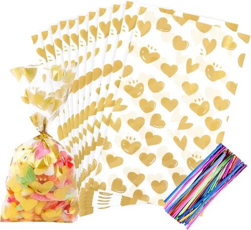 Vista 57 de COQOFA 100 piezas de bolsas de regalo con sello autoadhesivo impresas con estrellas, bolsas de celofán para envolver regalos, bolsas para sorpresas