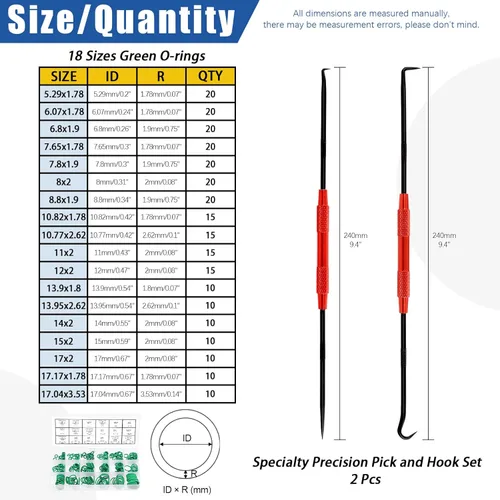 Vista 2 de Glarks 270 piezas de 18 tamaños de junta tórica de goma verde con 2 piezas de mini selección de precisión especial y kit surtido de ganchos