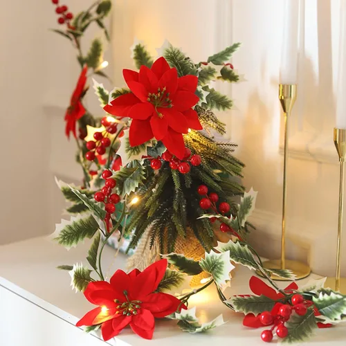 Vista 3 de Guirnalda de Pascua de Navidad con luz, guirnaldas artificiales iluminadas de 6.5 pies con flores rojas y bayas, funciona con pilas, luces de Pascua
