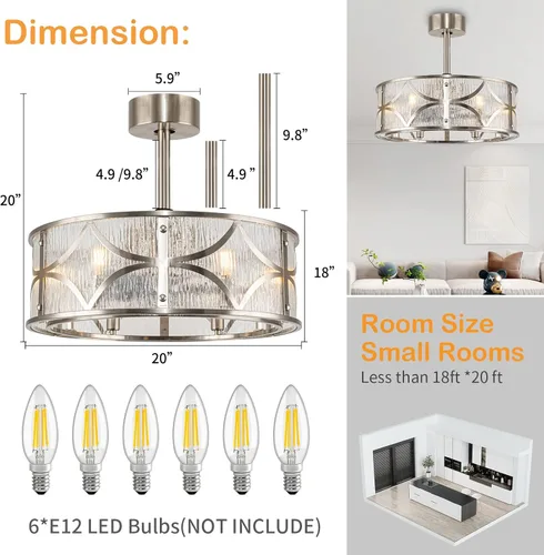 Vista 6 de Ventilador de techo de cristal de 52 pulgadas con control remoto de luces, ventilador de araña de casa de campo negro, candelabro rústico