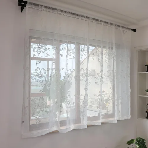 Vista 7 de SLOW SOUL Juego de 2 paneles de cortinas traslúcidas de lino sintético semitransparente con flores blancas, cortinas bordadas para dormitorio, sala