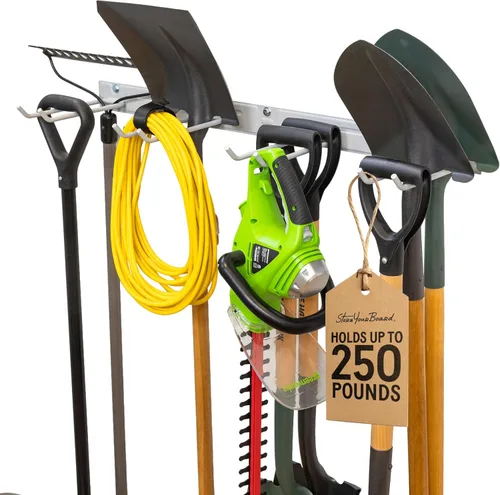 Vista 11 de StoreYourBoard Estante Montado en Pared con 4 Ganchos de Garaje – Soporte de Acero Resistente para Almacenamiento de Garaje y Jardín para Cobertizo