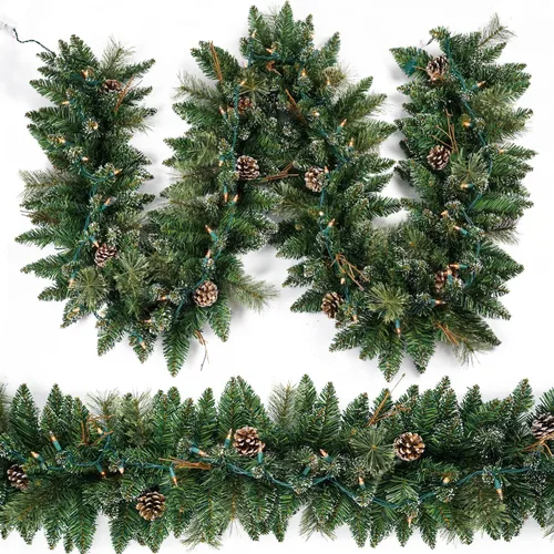 Vista 9 de Guirnalda de Navidad Preiluminada de 9 Pies con 50 Luces LED, Guirnalda de Navidad Estilo Nieve, Decoración Navideña a Batería para Repisa