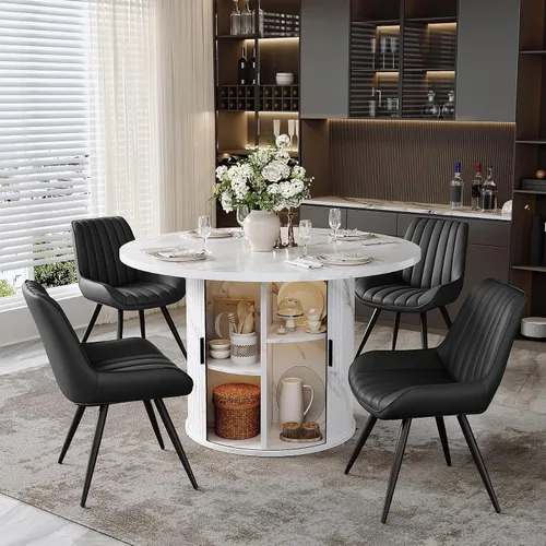 Vista 13 de Miereirl Moderno juego de comedor de 5 piezas para mesa redonda de madera de 4,31.5 pulgadas con estante de almacenamiento semiabierto y puerta