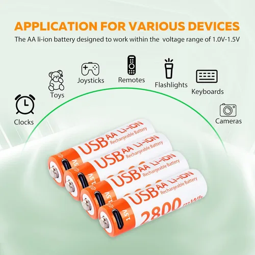 Vista 3 de Baterías de litio AA recargables, paquete de 4 baterías AA de iones de litio de 1.5 V 2800 mWh, 1000 ciclos de iones de litio doble A con cable