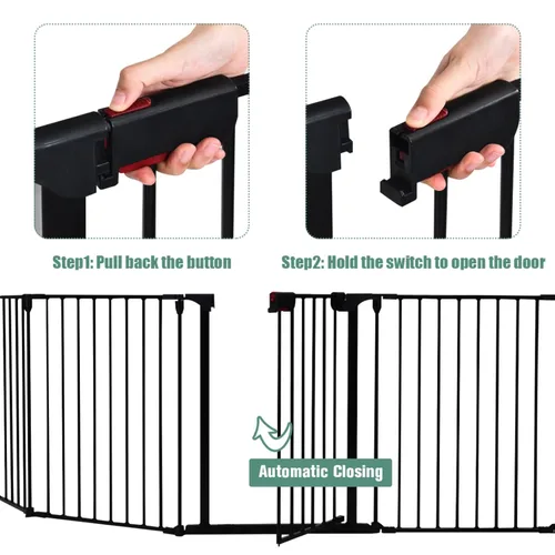 Vista 3 de Costzon Puerta de seguridad para bebés, 121 pulgadas de longitud 5 paneles ajustable de valla ancha para chimenea, puerta de metal para barbacoa