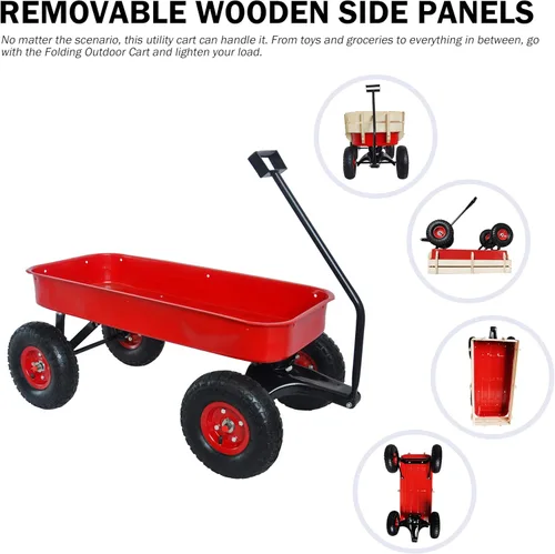 Vista 4 de Carro de Carga de Acero Resistente con Soporte Lateral de Madera, Neumáticos de Aire Todo Terreno de 10", Capacidad de Transporte de hasta 176 lb