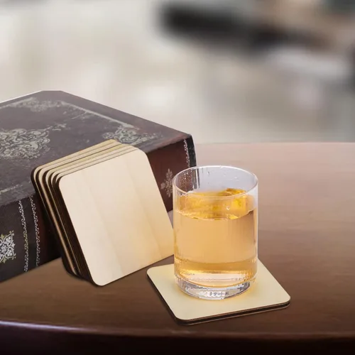 Vista 4 de ZEAYEA 50 piezas de madera sin terminar, posavasos de madera de 4 x 4 pulgadas de grosor, azulejos de madera para posavasos, rebanadas de madera