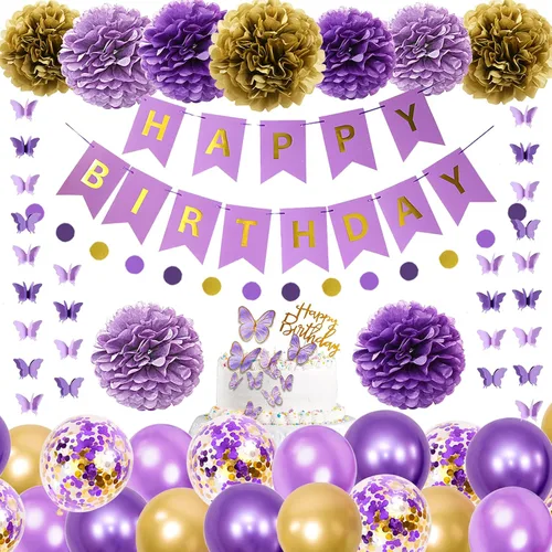 Vista 16 de Decoraciones de Cumpleaños Neutras para Mujeres y Niñas, Globos con Confeti Blanco Arena Dorado con Estampado Metálico, Calcomanías de Mariposa