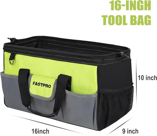 Vista 2 de FASTPRO Bolsa de herramientas de 16 pulgadas, organizador de herramientas de boca ancha con gran capacidad, múltiples bolsillos y correa de hombro