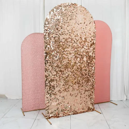 Vista 2 de Efavormart Set of 3 Blush/Rose Gold Round Top Fitted Photo Backdrop Stand Covers, Big Payette Sequin, Shimmer Tinsel and Matte Spandex Wedding
