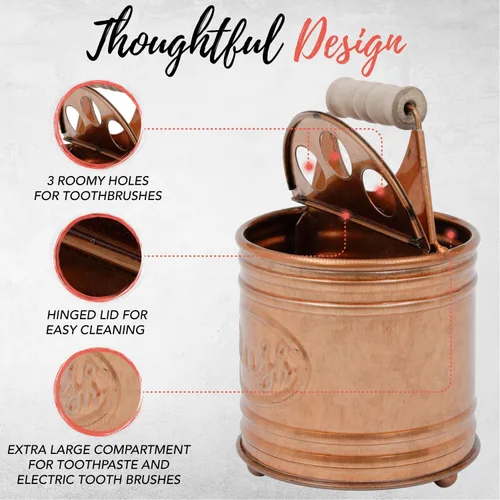 Vista 4 de Autumn Alley Juego de 4 accesorios de baño rústicos - Dispensador de jabón de granja de cobre, soporte para cepillo de dientes, 2 tarros