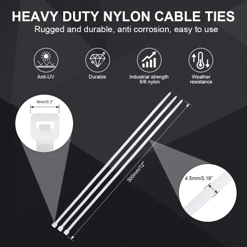 Vista 2 de Bridas de cables con cremallera de 12 pulgadas (100 piezas), ataduras de cables de nailon de alta calidad con autobloqueo, color blanco resistente
