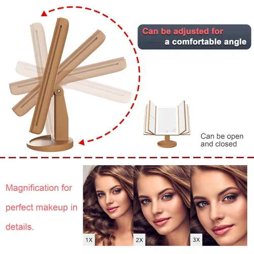 Vista 4 de RoLeDo Espejo de maquillaje iluminado con aumento 2 x 3 x 10X, espejo de tocador triple con luces, espejo de 72 LED, pantalla táctil, iluminación