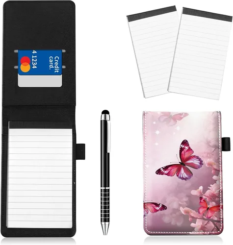 Vista 30 de Juego de 4 soportes para bloc de notas de tamaño de bolsillo, de piel sintética, mini bloc de notas con 2 bloc de notas pequeños y lápiz capacitivo