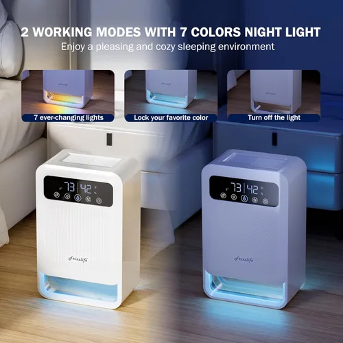 Vista 5 de Frizzlife Deshumidificador de aire DH80, tanque de agua de 135 onzas con función purificadora, deshumidificadores pequeños silenciosos con modo