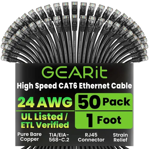 Vista 48 de GEARit Paquete de 50 cables Ethernet Cat6 de 0.5 pies Cable de conexión de red RJ45, conectores chapados en oro sin enganches de 10 Gbps, cable