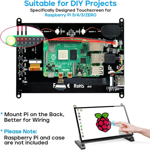 Vista 2 de ROADOM Pantalla Raspberry Pi de 7 pulgadas, IPS1024 × 600, táctil suave sensible, altavoces incorporados duales, entrada HDMI, compatible