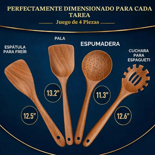 Vista 8 de Juego de utensilios de madera de teca extra grandes de 4 piezas, espátula de madera antiadherente para cocinar, cuchara espumadera y cuchara