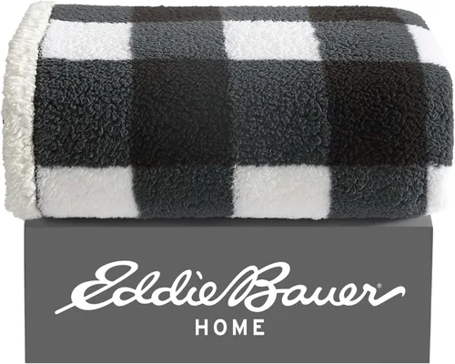 Vista 6 de Eddie Bauer - Manta, sherpa reversible súper suave y ropa de cama de forro polar cepillado, manta para sofá, ideal para descansar (cuadros negros)