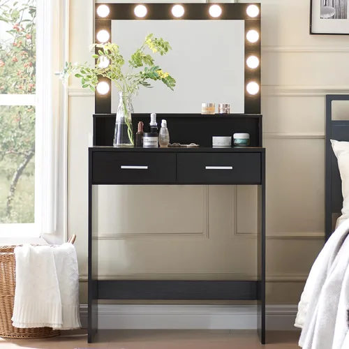 Vista 16 de MIRROTOWEL Escritorio de tocador de 47.5 pulgadas con espejo grande, 3 modos de iluminación de color, brillo ajustable, cómoda con 3 cajones y 2