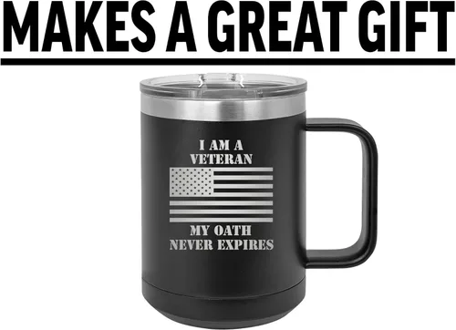 Vista 5 de Rogue River Tactical Taza de café negra de acero inoxidable resistente con la frase "I Am A Veteran My Oath Never Expires, con la bandera