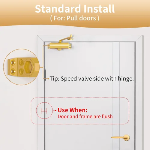 Vista 8 de Cerradura de puerta comercial de alta resistencia de gran tamaño con acabado dorado mate, sistema de cierre automático hidráulico