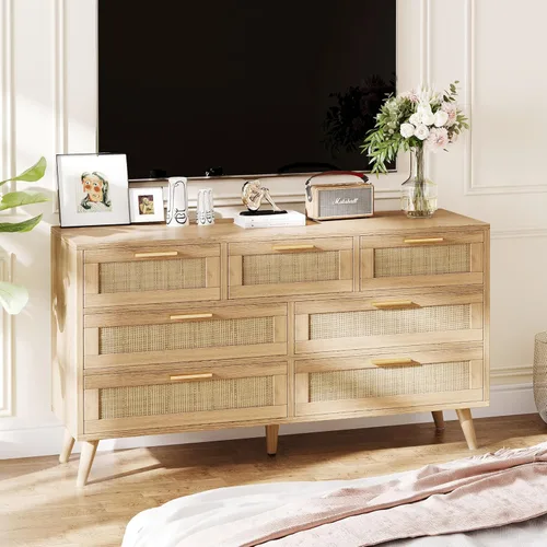 Vista 11 de Rovaurx Cómoda doble de 6 cajones para dormitorio, cómoda de ratán, cómoda de madera moderna con asas doradas, mesa auxiliar para armario, sala