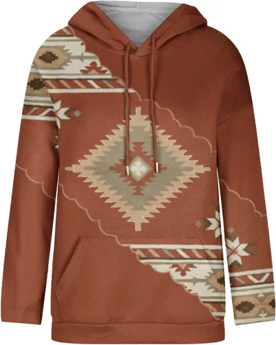 Vista 4 de Sudaderas con capucha estilo étnico azteca occidental para mujer, estilo casual, folk, manga larga, con bolsillo