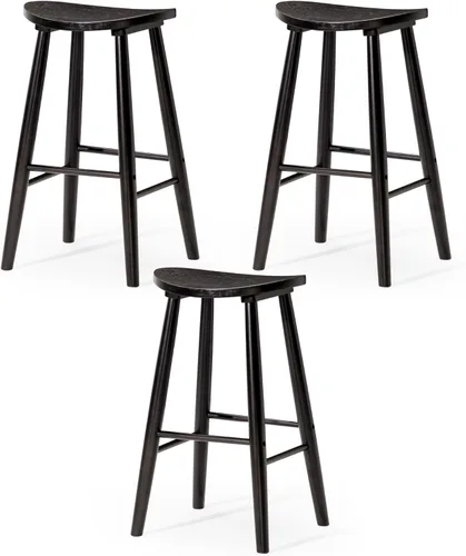 Vista 13 de Maven Lane Luna - Juego de 2 taburetes redondos de 31 pulgadas con reposapiés, madera maciza negra, diseño que ahorra espacio para barras