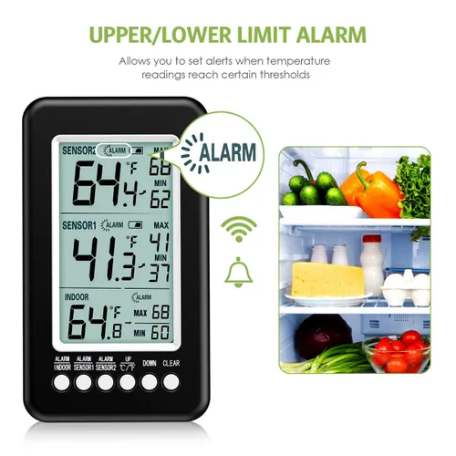 Vista 3 de KeeKit Termómetro para refrigerador, termómetro inalámbrico para interiores y exteriores con 2 sensores, termómetro digital para nevera con alarma