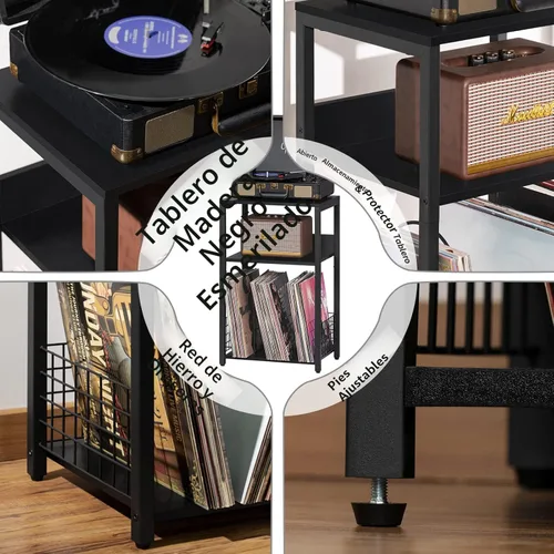 Vista 5 de LELELINKY Mesa auxiliar negra, mesa auxiliar pequeña con marco de metal, soporte moderno para tocadiscos con estante de almacenamiento, mesas
