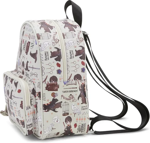 Vista 2 de Harry Potter Wizarding World Magic Mini mochila con estampado de iconos de Hogwarts Allover de 10.5 pulgadas, correas ajustables, piel sintética