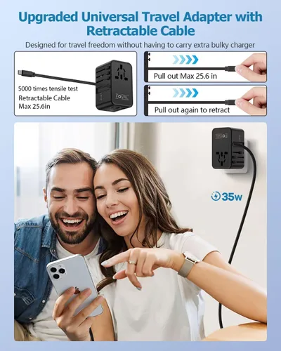 Vista 2 de FOVAL Adaptador de enchufe de viaje europeo, adaptador de viaje universal con cable USB C retráctil, adaptador de corriente internacional todo
