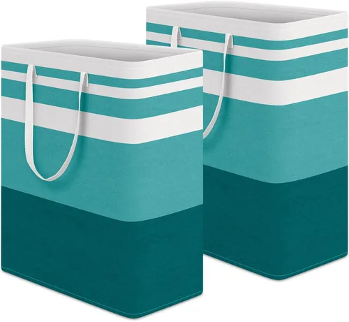 Vista 11 de HomeHacks Paquete de 2 cestas grandes para la lavandería, impermeable, cesta de lavandería independiente, cesta de ropa alta plegable con asas Azul