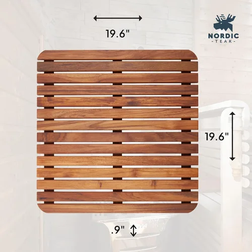 Vista 4 de Alfombrilla de ducha y baño de estilo nórdico Premium de teca para uso interior + exterior Plataforma de madera antideslizante para spa, sauna